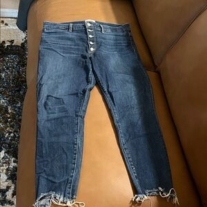 PAIGE Dark Blue Cropped Jeans with Frayed Hem